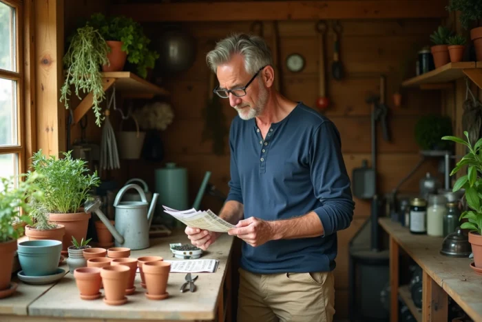 Homme jardinier lisant des conseils sur un sachet de graines dans un cabanon de jardin rustique