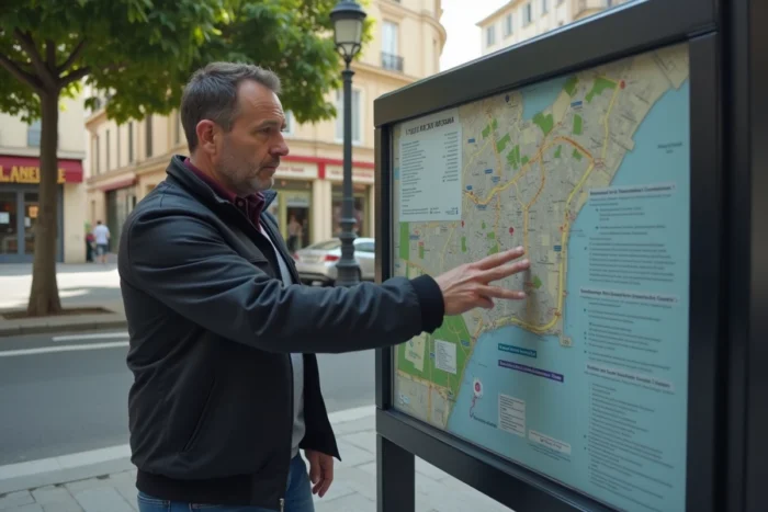 Homme consultant un panneau de quartier dans une rue du 9e arrondissement de Marseille