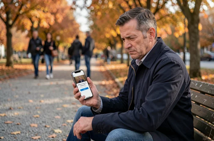 Homme assis dans un parc urbain en automne, réfléchissant avant de signer une pétition sur son smartphone