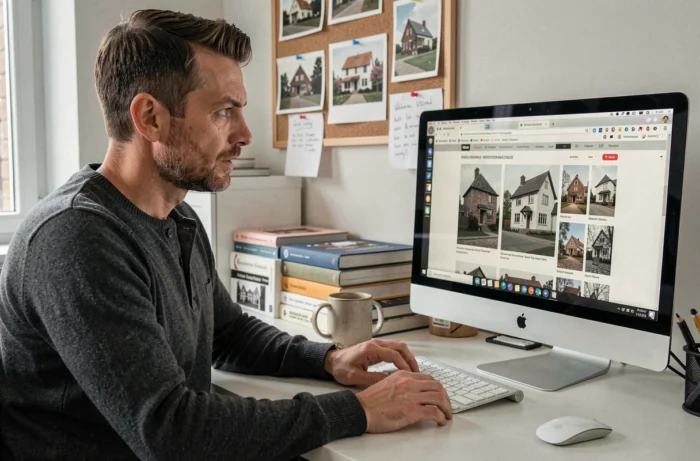 Homme recherchant des photos historiques de maison sur un ordinateur dans un bureau à domicile avec des livres d'architecture
