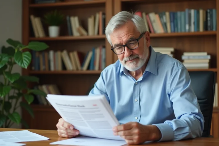 Homme de 60 ans consultant ses documents de retraite à son bureau à domicile