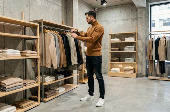 Homme en turtleneck camel et jean slim parcourant les vêtements dans un concept store minimaliste moderne