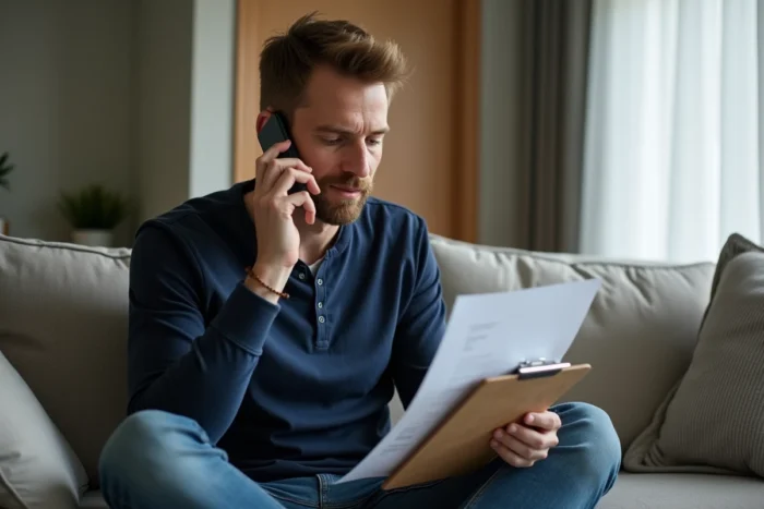 Homme en télétravail sur canapé gérant un appel professionnel tout en consultant des documents depuis son domicile