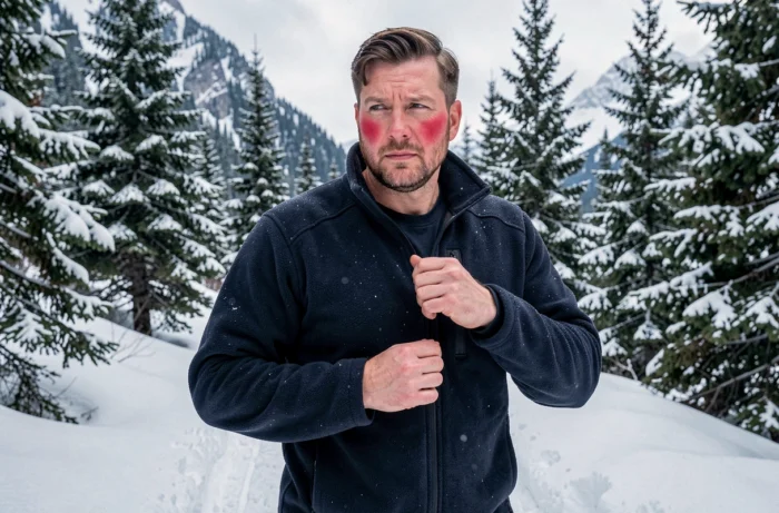 Homme en veste polaire marine sur un sentier de montagne enneigé en plein hiver