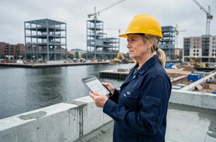Ingénieure de chantier supervisant l'avancement du projet Nouveau Rivage depuis une terrasse en béton en bord de mer