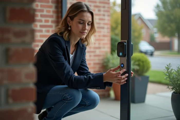 Femme installant une sonnette vidéo connectée sur la porte d'entrée de sa maison