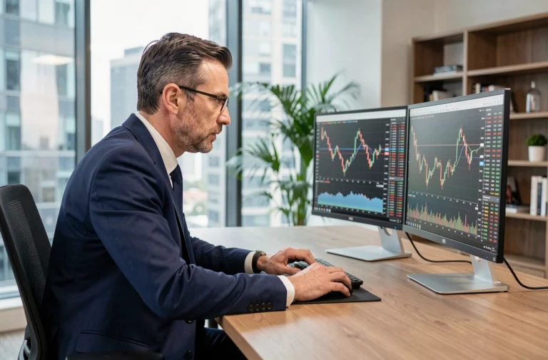 Investisseur professionnel analysant des graphiques boursiers sur deux écrans dans un bureau moderne