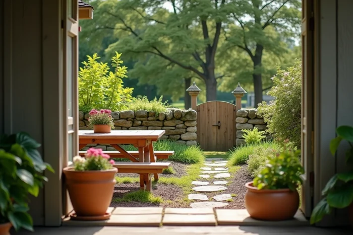 Jardin d'une petite maison en location entre particuliers avec table en bois et potager