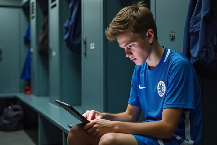 Jeune footballeur tentant de récupérer l'accès à son compte Footclub FFF sur une tablette dans un vestiaire