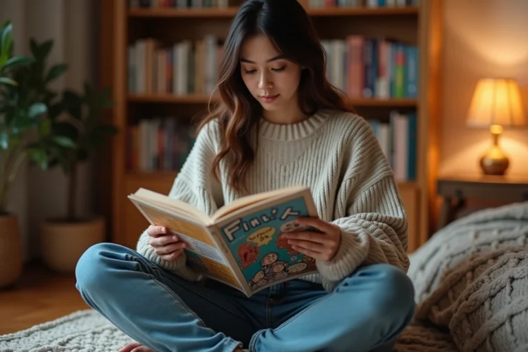Jeune femme lisant un manga japonais assis sur le sol d'une chambre entourée de livres manga sur une étagère en bois