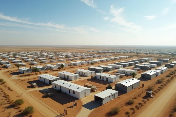Vue aérienne d'un lotissement privé modulaire dans le désert du Texas avec infrastructure communautaire