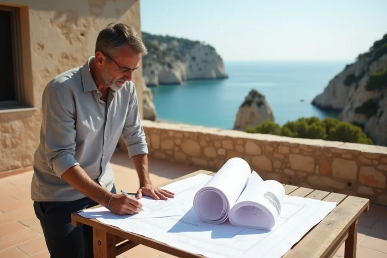 Maître d'œuvre consultant des plans architecturaux sur une terrasse en pierre avec vue sur la mer à Cassis