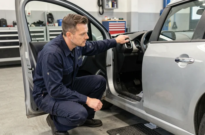 Mécanicien en combinaison bleue inspectant le tableau de bord d'une Citroën C3 dans un garage moderne pour désactiver le mode éco
