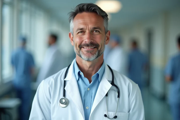 Médecin en blouse blanche avec stéthoscope dans un couloir d'hôpital moderne