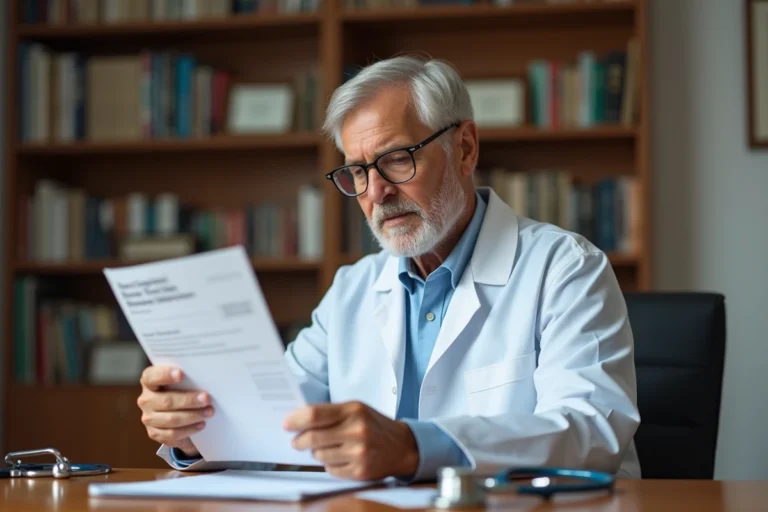 Médecin retraité en blouse blanche examinant un modèle d'ordonnance sécurisée à son bureau à domicile