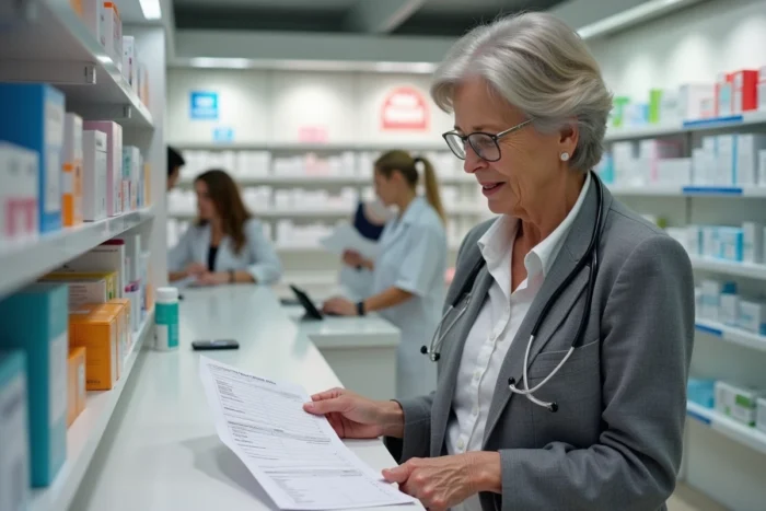 Médecin retraitée comparant deux modèles d'ordonnances sécurisées dans une pharmacie moderne