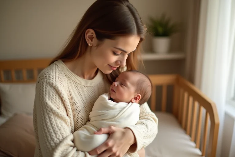 Jeune mère tenant tendrement son bébé de 3 semaines emmailloté dans une couverture en mousseline dans une chambre de bébé cosy