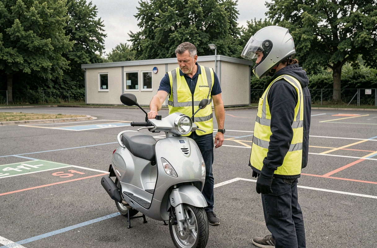Moniteur d'auto-école expliquant le maniement d'un scooter 250cc à un élève sur circuit d'entraînement