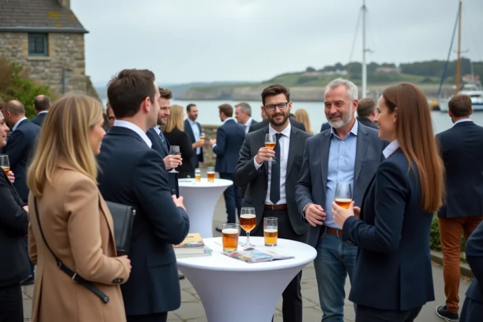Événement networking en plein air sur un quai breton avec des professionnels réunis autour de tables cocktail face aux bateaux de pêche