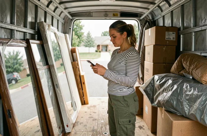 Femme vérifiant sa liste de déménagement sur smartphone à l'intérieur d'un camion de déménagement