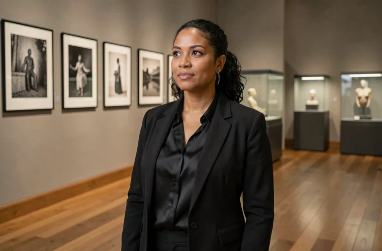 Femme d'origine mixte latino-américaine et afro-américaine posant dans un musée culturel illustrant la diversité des héritages ethniques