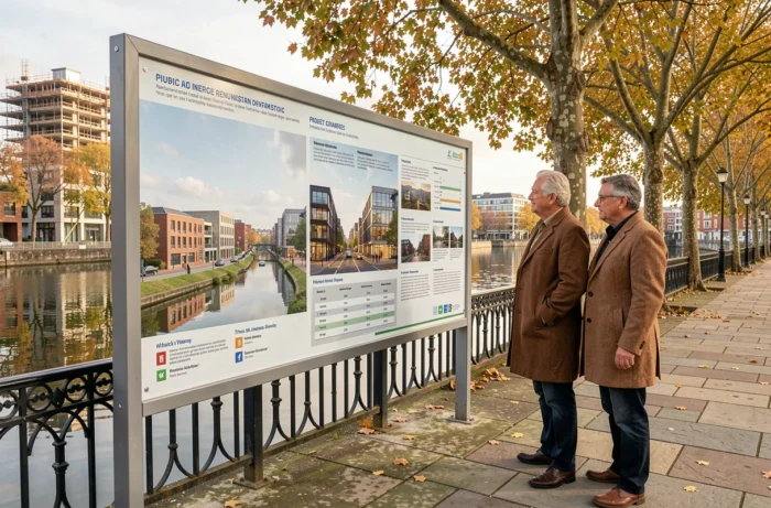 Panneau d'information public du projet Nouveau Rivage le long d'une promenade en bord de canal avec des promeneurs qui lisent les plans