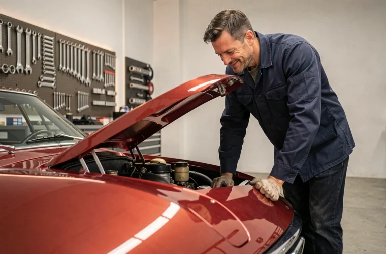 Passionné d'automobile inspectant le moteur d'une voiture de sport classique dans un garage moderne