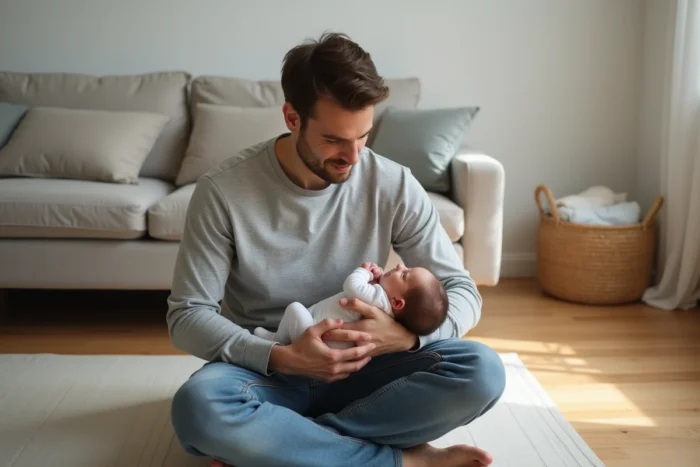 Père assis sur le sol tenant son bébé de 3 semaines contre son épaule dans un salon moderne et chaleureux