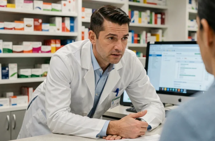 Pharmacien expliquant à un patient les interactions médicamenteuses entre antihistaminiques et paracétamol au comptoir d'une pharmacie