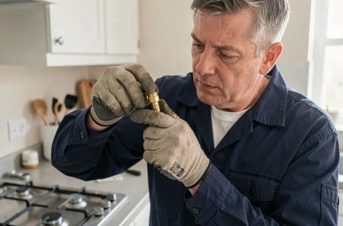 Plombier en uniforme inspectant un gicleur gaz en laiton dans une cuisine résidentielle lors d'une réparation de gazinière