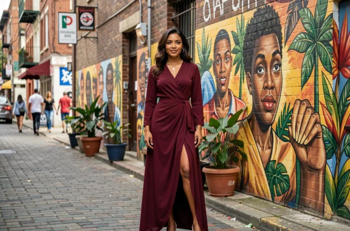 Femme devant une fresque murale célébrant les cultures latino-américaine et africaine symbolisant la richesse des origines ethniques métissées