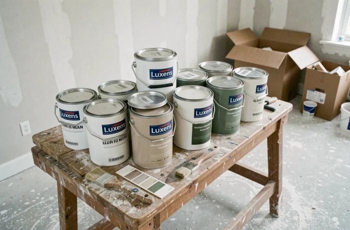 Plusieurs pots de peinture Luxens en différentes teintes posés sur un établi lors d'une rénovation intérieure