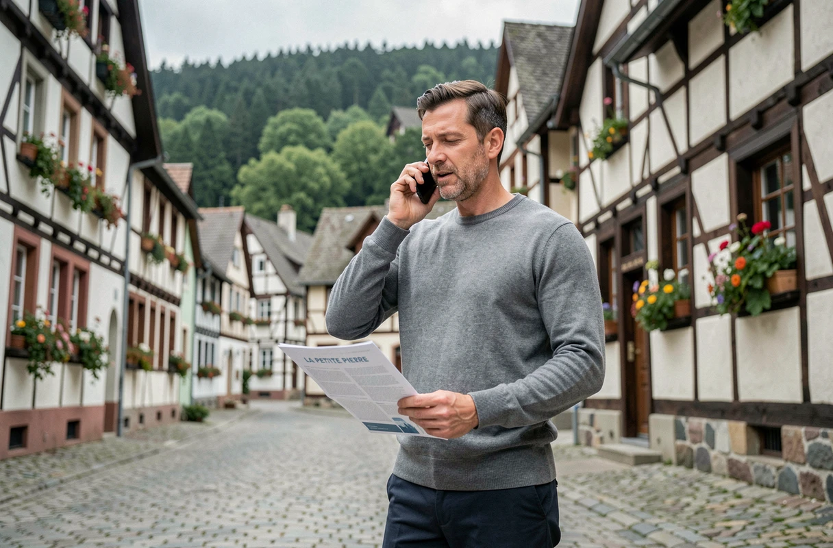 Professionnel consultant un document commercial dans les rues de La Petite Pierre, développement d'activité en Alsace
