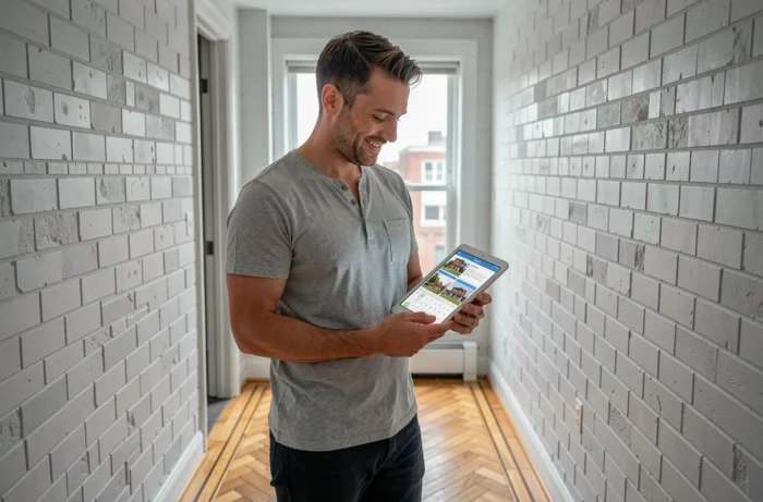 Propriétaire consultant une application de gestion locative sur tablette dans un appartement rénové
