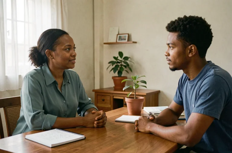 Psychologue malgache en consultation avec un patient dans un cabinet calme à Antananarivo