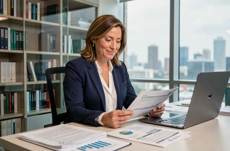 Psychologue professionnelle analysant des rapports de salaires dans un cabinet moderne avec vue sur la ville