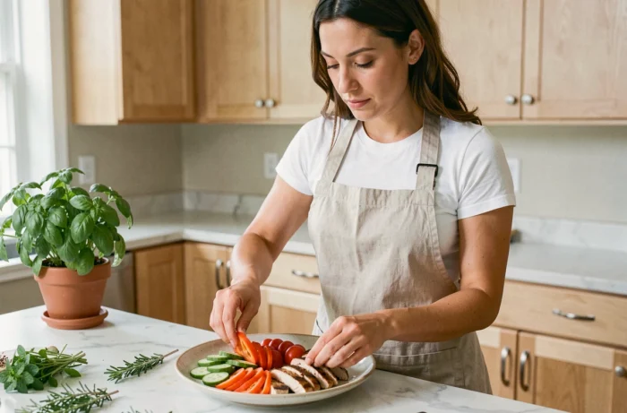 Femme préparant une assiette équilibrée de légumes et poulet grillé dans une cuisine moderne pour un programme minceur