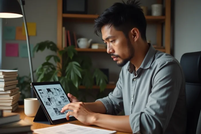 Homme consultant des pages de manga sur une tablette numérique à un bureau en bois avec des volumes manga empilés