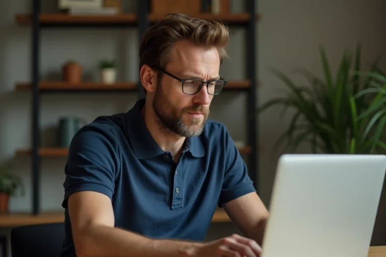Homme en train de récupérer son mot de passe oublié sur un ordinateur portable à son bureau à domicile