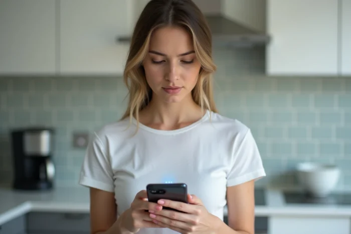 Femme consultant son smartphone pour réinitialiser son mot de passe Footclub FFF dans une cuisine moderne