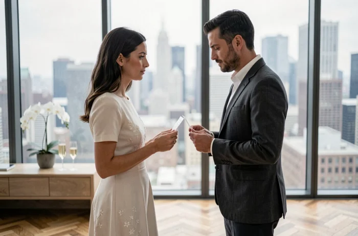 Couple renouvelant ses vœux de mariage dans un appartement moderne avec vue sur la ville, robe blanche et costume lin gris