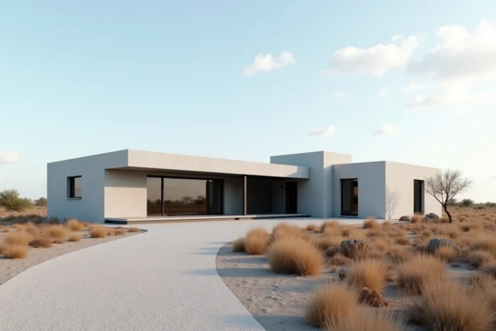 Résidence moderne de style minimaliste au Texas avec architecture modulaire et paysage désertique