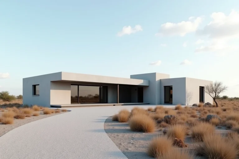 Résidence moderne de style minimaliste au Texas avec architecture modulaire et paysage désertique