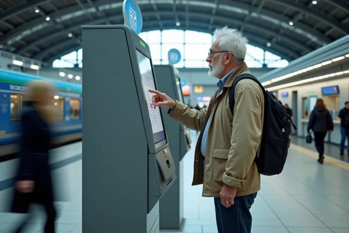 Retraité SNCF utilisant une borne libre-service en gare pour activer son pass Carmillon 2026