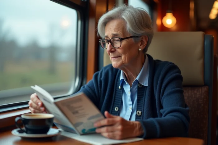 Retraitée SNCF consultant sa brochure pass Carmillon dans le café-bar d'un train en mouvement traversant la campagne française
