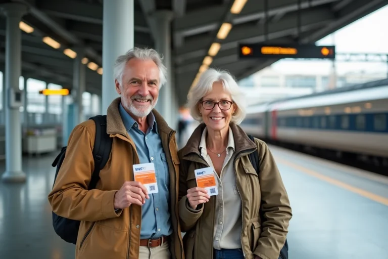 Couple de retraités SNCF tenant leur pass Carmillon sur le quai d'une gare française moderne avec un TGV en arrière-plan
