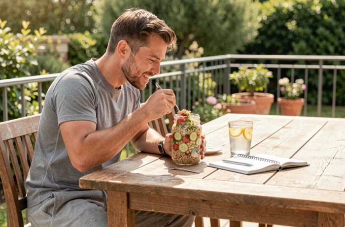 Homme mangeant une salade nutritive en jar sur une terrasse ensoleillée dans le cadre d'un programme minceur quotidien
