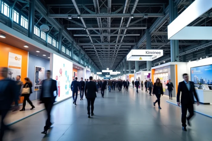 Intérieur d'un salon professionnel à Rennes avec des stands d'exposition et des visiteurs lors d'un événement sectoriel en Bretagne