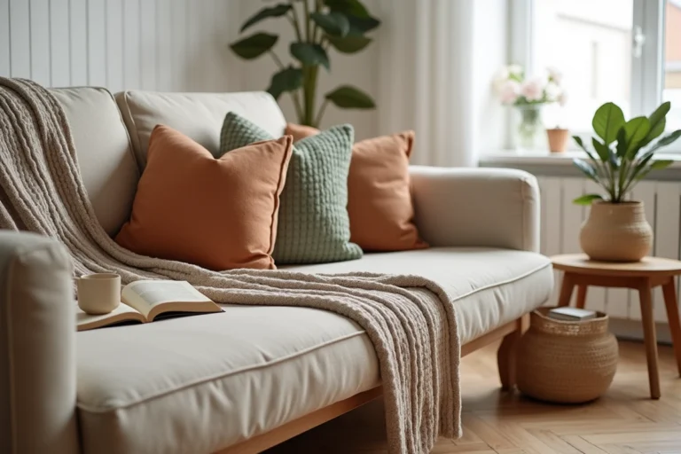 Coin salon cosy au style scandinave avec canapé en lin beige, plaid en maille épaisse et table en chêne, décoration intérieure tendance et chaleureuse