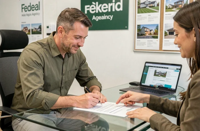 Client signant un contrat immobilier dans une agence moderne avec l'aide d'une conseillère professionnelle